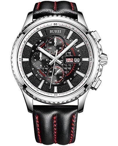 BUREI Herren Armbanduhr schwarz mit Lederarmband schwarz SM-17003-P01EY BUREI Herren Armbanduhr schwarz mit Lederarmband schwarz SM-17003-P01EY