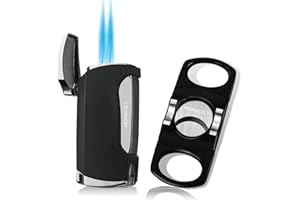 PROMISE, accendino a torcia a doppia fiamma, formato tascabile, antivento, alimentato a gas butano, con taglierino, set regalo per uomini (nero)