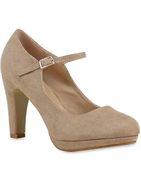 Stiefelparadies Damen Pumps Mary Janes mit Blockabsatz Plateau Vorne Flandell
