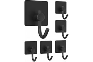 SUSSWIFF Self Adhesive Hooks for Hanging - Heavy Duty Stick On Wall and Door Hooks,Bathroom Tower Hooks and Kitchen Hallway Sticky Black Hooks,Coat Hooks Robe Hook Wall Mounted, Rustproof, 6 Pack