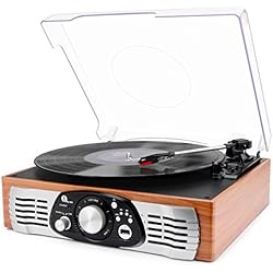 Platine Vinyle 1byone Tourne Disque Transportable Immitation Bois,3 Vitesses avec Enceinte Interne, Prise USB pour MP3, AUX in et Prise RCA
