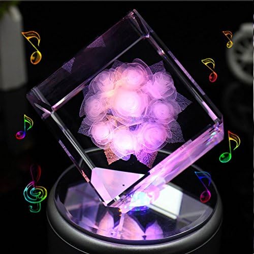 LIWUYOU Rotating Musical Box Square Crystal 3D Rose Flower Colorful LED Light , Rose, Music Base