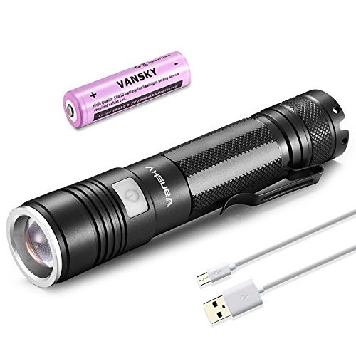 Vansky® Mini USB wiederaufladbare Taschenlampe, 900 Lumen CREE XPE2 R5 LED taktische Taschenlampe | zoombar und super hell | 18650 Li-ion-Akku und inkl. 0.9m Micro-USB-Ladekabel