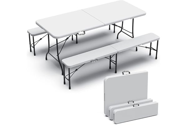 vounot® Ensemble Table Pliante et Bancs HDPE Pliables Camping 180cm Style Polyrotin 8 Places Fonction Portable Convient pour la Terrasse, Le Camping, Le Jardin, Table de Pique-Nique Blanc