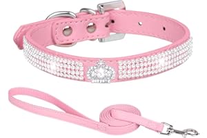 HALFSUMO Obroża dla psa, skórzana obroża dla psa, błyszcząca obroża dla psa z kamieniami strasu, dla zwierząt domowych, szczeniaków, kotów, zestaw kombi ze smyczą, różowa M C008