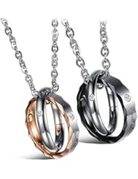 KONOV Joyería 2pcs Collar Amistad con Colgante de Hombre Mujer, 45cm & 55cm Cadena, Anillo, Parejas, Amor Love, Regalo del día de San Valentín, Circonita Acero inoxidable, oro negro plata