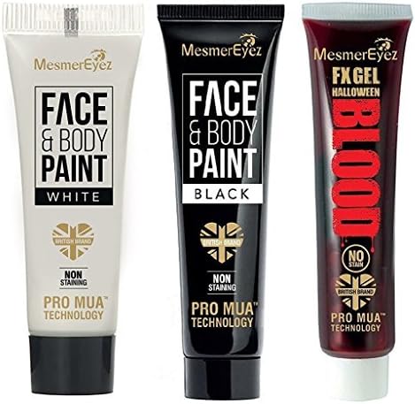 MesmerEyez Halloween Fancy Dress Black & White Face & Body Cream & FX Gel Fake Blood 16.6ml