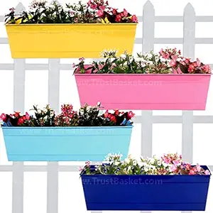 TrustBasket Plastic Rectangular Railing Planters, Yellow, Blue, Teal and Pink, 18 Inch, 4 Pieces