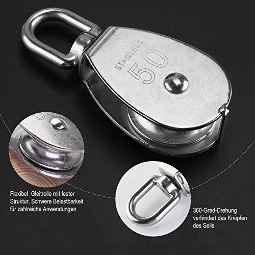 ULTNICE 50mm Swivel Pulley Block Edelstahlblock Umlenkrolle Rolle Edelstahl Laden 400kg (Silber) - 4