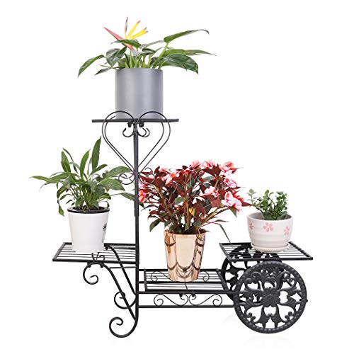 examen UNHO Étagère à Fleur en Fer Forgé Porte Pot de Plante sur Pied Étagère de Jardin Bel Esthétique et Bien Rendu Chariot de Transport de Pot de Fleurs Décoration de Balcon Maison Charge Max 20kg - Noir