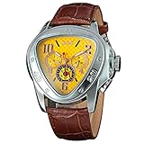 Yisuya mechanische Herrenuhr, mit Automatik, Armee, Dreieck, Kalenderfunktion, 24-Stunden-Zifferblatt, aus Leder, Sport-Armbanduhr, braun und gelb