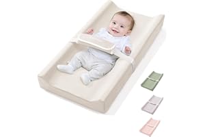 COMOMY Vegan Leather Baby Changing Mat with Waterproof and Soft PU Cover, Anti-Roll and Anti-Slip Wedge Changing Pad with Safety Straps, Portable Nappy Change Mat, for Dresser and Table, Beige
