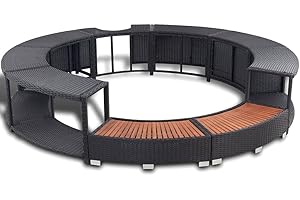 KOIECETA Umrandung mit Stauraum für Whirlpool Spa Schwimmbecken Poolumrandung Poly Rattan Schwarz Hartholz Rund Pulverbeschichteter Stahl