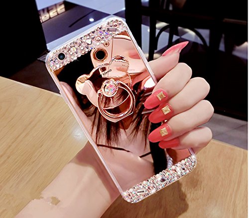 Huawei Mate 9 Hülle, Huawei Mate 9 Spiegel Hülle Mirror Case, Ukayfe [Glitzer Strass Bär Handy Ständer Ring Holder] Glitzer Silikon Hülle Huawei Mate 9 Rose Gold Plating Silikon Schutzhülle Luxus Glänzend Glitzer Kristall Strass Rahmen Weich TPU Handy Tasche Ultra Dünn Silikon Weich Crystal Handyhülle mit Make Up Spiegel Mirror Kratzfeste Handy Tasche Schale Etui Bumper für Huawei Mate 9 - Bär Rose Gold