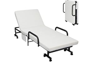 COSTWAY Folding Sofa Bed with Mattress, Wheels and Side Pocket, 6-Position Adjustable Couch Sleeper Chaise Lounger, Portable Convertible Single Guest Bed for Home Office Camping (White)