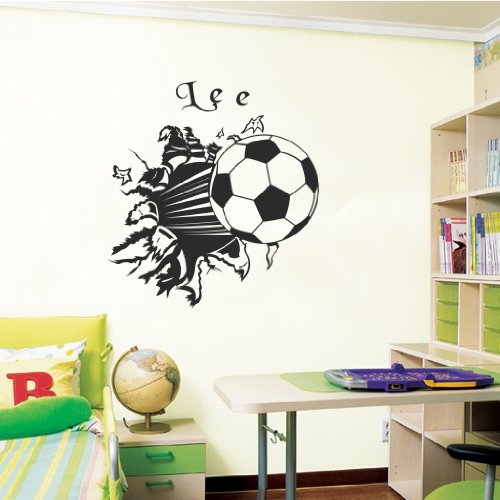 Football bursting though a wall - Personalised with your name choice - Children's Wall Decal (Medium)