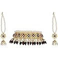 Bridal Hyderabadi Red/Green Ruby Satlada Long Princess Necklace with Jhumka Earrings in Cultured Pearls and Simulated Ruby Emerald beads for Womens & Girls