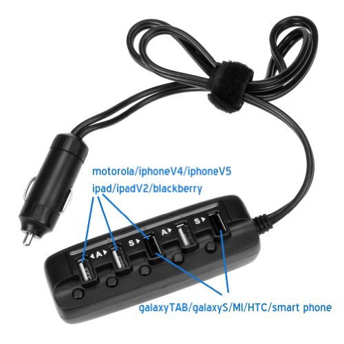 Auto USB Ladegerät, EZOPower 5 USB-Ports KFZ-Ladegerät bis zu 8A und Extralanges Kabel (90cm) für Tablet Smartphone Sony Xeperia SamSung Motorola HTC LG – Schwarz - 6