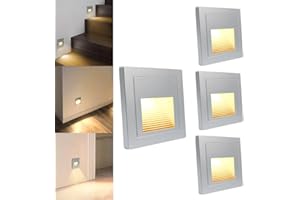 ‎AROTELICHT Arotelicht 4er LED Treppenlicht Treppenbeleuchtung für innen Wandeinbauleuchte Treppenleuchte Silber Warmweiß für 60mm Schalterdosen Stufenlicht Beleuchtung, 85 x 85mm, eckig für Treppen