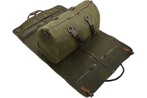 CRUITBILI 2 in 1 Canvas Leather Suit Luggage Garment Bag with Shoulder Strap for Travel and Business Trips, Waxed Army Green, American Casual