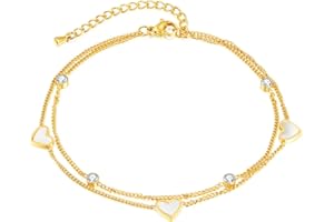 TOEECY Ankle Bracelets for Women Gold Plated Layered Heart Pendant Bracelets Waterproof Adjustable Beads Foot Link Chains Bracelet Summer Anklet Foot Jewelry