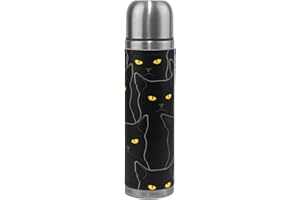 Mnsruu Black Cats Pattern Insulated Stainless Steel Water Vacuum Bottle Flask Double Walled Leak-proof Genuine Leather Cover 17 Oz/500ml