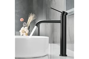 Ankoory Tall Bathroom Basin Mixer Tap, High Rise Bathroom Sink Tap for Countertop Basin, Single Lever Monobloc Faucet with High Spout, Modern Round Hot & Cold Taps with Flexible Tails (Matte Black)