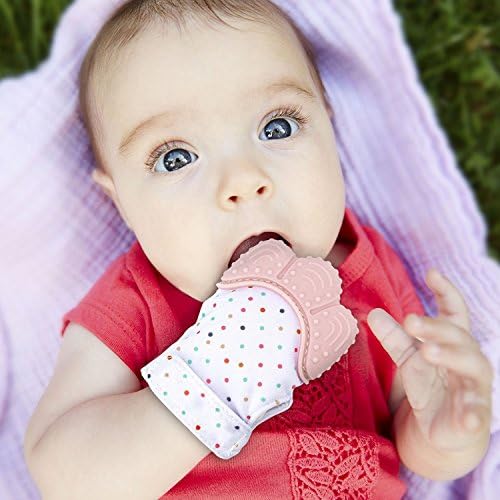 Vaxuia Baby Teething Glove-Patent Sound Design-Teething Mitten is Teether That Stays on Baby's Hand for Self-Soothing Pain Relief-for Baby 2-12 months old-Secure Adjustable Strap-Includes free storage (Pink)