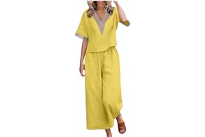KUIH Linen Trouser Suits For Women Summer 2 Piece Outfits Lounge Wear Set Ladies Leisure Suits Co Ord Sets Baggy Short Sleeve Tops & Wide Legs Pants 2024 Holiday Vacation Outfits for Women