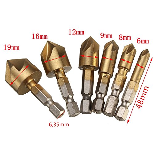 HSS Senker 6 tlg 5 Flöte Senker Sechskant 90 Grad Kegelsenker Satz Ø 6,35 6mm / 8mm / 9mm / 13mm / 16mm / 19mm Versenkbohrer - 2