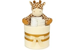 THE BIG CARD COMPANY The Big Card Nappy Cake Neutral Unisex Baby Gift - Muslin Square wrap 9 Premium Nappies, Baby Bib Socks and Plush Soft Giraffe