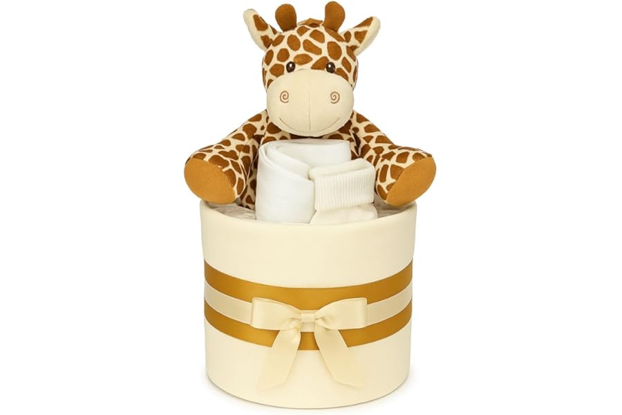 The Big Card Nappy Cake Neutral Unisex Baby Gift - Muslin Square wrap 9 Premium Nappies, Baby Bib Socks and Plush Soft Giraffe