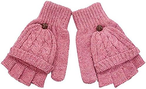 LSCY Women's Fingerless Gloves Winter Warm Half Finger Flip Wool Knitted Mittens with Flap (Red)