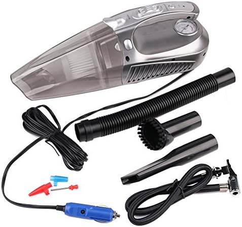 Car Vacuum Cleaner 4 in 1 Powerful Wet/Dry 12V 60W Car Vacuum Dustbusters Car Vacuum Hoover with 100W Tire Inflator 150PSI LED lights and Tire Pressure Gauge, Rechargeable, Lightweight, Portable and Compact (Silver)