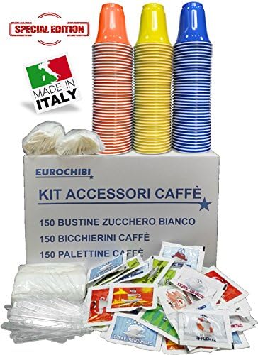 Coffee Accessories Kit with 150 Sachets of Sugar + 150 Cups + 150 Agitators - Eurochibi®