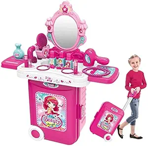 Gopinath Trade 3 in 1 Pretend Play Cosmetic and Makeup Toy for Girls Beauty Kit with Foldable Trolley Bag for Girls & Kids with Light Mirror | Beauty Set for Girls (3 in 1 Beauty Trolley Play Set)