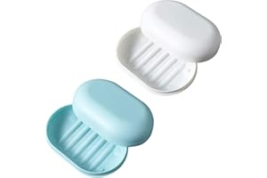 HZPOLANG Soap Dish with Lid Travel Soap Box Plastic Leakproof Bar Case Portable Soap Holder Container with Cover Soap Dishes for Shower Bathroom Hiking School Gym Traveling (2 Pcs,Light Blue+White)