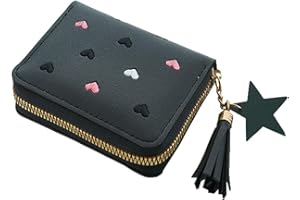 ZUWIJEQ Porte Monnaie Fille, Mignon Coeur Brodé Portefeuille Ado Fille avec Fermeture à Glissière à Franges Porte - Petit Porte Monnaie Femme en Cuir avec Porte - Cartes (Noir)