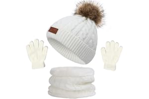 NLAND 3 in 1 Set de Bufanda Gorro Guantes Niña Niño Conjunto de Cálido Gorro de Punto Invierno con Pompon, Braga Cuello con Forro Polar y Guantes Termicos para Niña Niño 2-6 Años