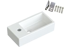 AQUALAVOS Waschbecken aus Keramik klein eckig Bad Gäste WC mit Hahnloch 40,5x20x10,5 cm ohne Überlauf weiß Handwaschbecken Eckwaschbecken ultradünner Rand Wandmontage Verschiedene Montagemöglichkeiten