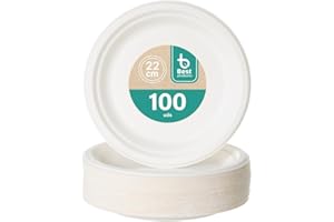 BEST PRODUCTS 100 Platos Caña de Azúcar Desechables Ecológicos Biodegradables Compostables y Reciclables Para Fiestas Cumpleaños Comuniones Redondos Llanos Ø 22 cm