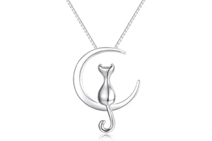 Epoch World Plata de Ley 925 Colgante Collar Mujer, Joyeria Collares Colgante Gato y Luna, Collares de Plata para Mujer/niña, Colgantes Luna Mujer Plata- Cadena 40+5cm con Caja de Regalo