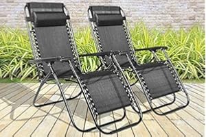 BARGAINS-GALORE Set Of 2 Reclining Sun Loungers - Outdoor Garden Beach Lounger Patio Gravity Chair Summer Recliner Bed | Sunbathing Relax | Foldable Easy To Transport - Head Rest Cushion