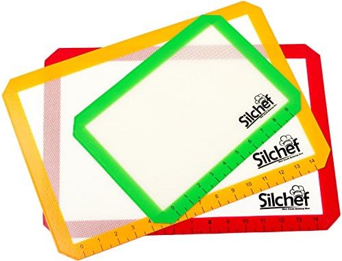 Silicone Non Stick Baking Mats with Measurements (3-Pack) - 2 Half Sheet Liners &amp; 1 Quarter Sheet Mat | Professional Quality, Nontoxic &amp; FDA LFGP Approved | Red, Yellow &amp; Green by Silchef