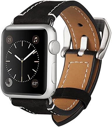 IWAVION Apple Watch Strap, 42mm iWatch Strap Band Premium Crazy Horse Genuine Leather Wrist Strap with Stainless Metal Adapter Clasp Replacement for Apple Watch Sport Edition Series 1 2 (38MM, Black)