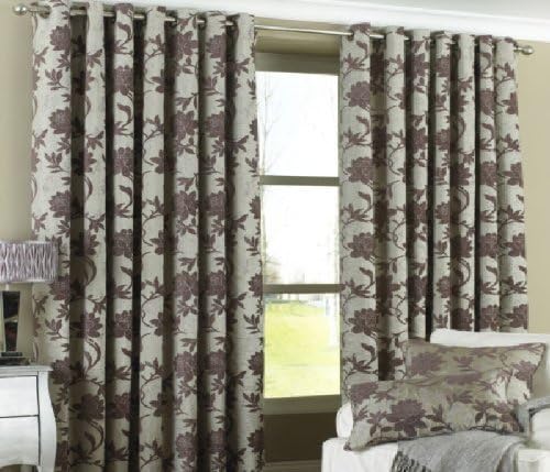 BEIGE CHOCOLATE THICK HEAVYWEIGHT JACQUARD CHENILLE RING TOP LINED CURTAINS 90 X 90