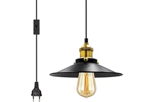ABEIADY Lampadario con Spina 6M Cable Lampada Sospensione E27 Portalampada con Interruttore Lampada a Sospensione Vintage con Paraluce, Lampadario Industriale in Metallo, Nero, per Soggiorno, Cucina