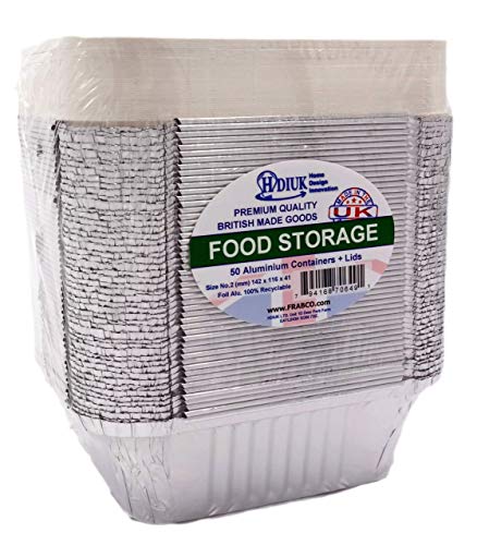 HDIUK - 50 recipientes de Aluminio para Alimentos, congelador, Almacenamiento Seguro para el Almuerzo, Tienda de Curry, Chili, Comida China y más, tamaño nº 2, 142 x 116 x 41 mm