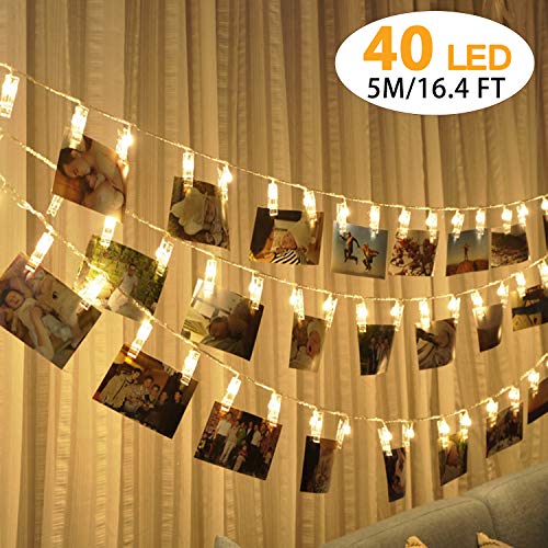 Cookey 40 Foto Clips Cadena de Luces LED 5 Metros Guirnaldas luminosas Alimentado por USB Iluminación de Navidad Luces de Hadas Iluminación Decorativa Para Colgar Foto Tarjetas Obra De Arte