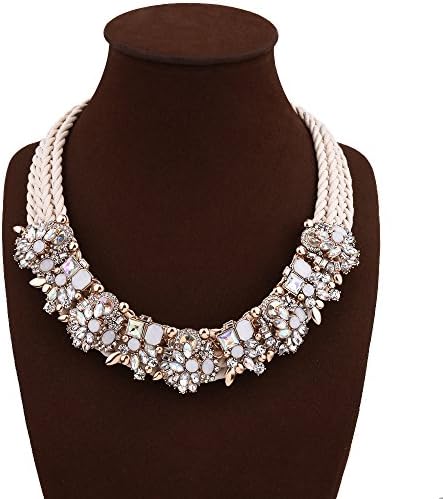 Yeshion Handmade Crystal Flower Statement Necklace For Women (White)